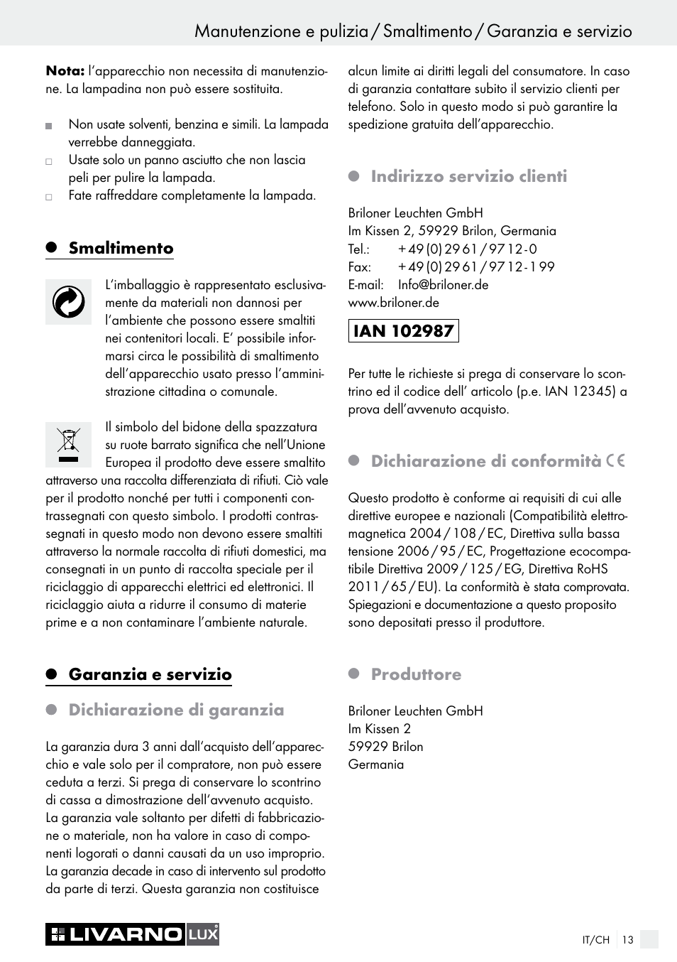 Smaltimento, Garanzia e servizio dichiarazione di garanzia, Indirizzo servizio clienti | Dichiarazione di conformità, Produttore | Livarno LED PLUG-IN LIGHT User Manual | Page 13 / 17