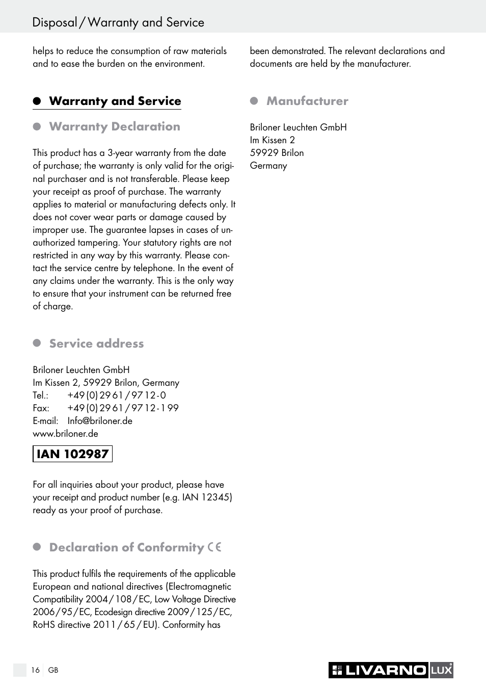 Disposal / warranty and service, Warranty and service warranty declaration, Service address | Declaration of conformity, Manufacturer | Livarno LED PLUG-IN LIGHT User Manual | Page 16 / 17