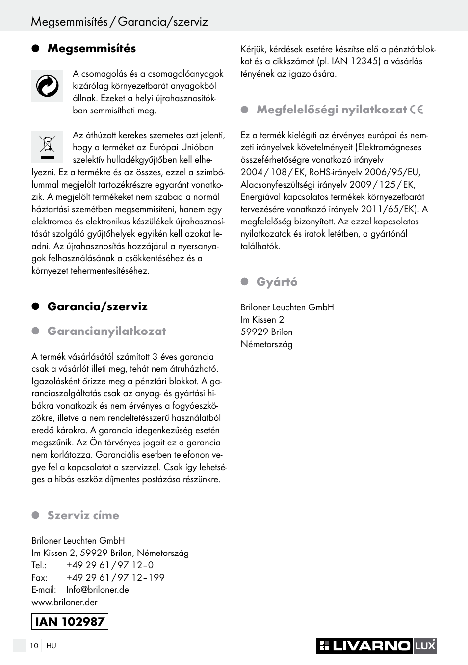 Uvod / varnost megsemmisítés / garancia/szerviz | Livarno LED PLUG-IN LIGHT User Manual | Page 10 / 25