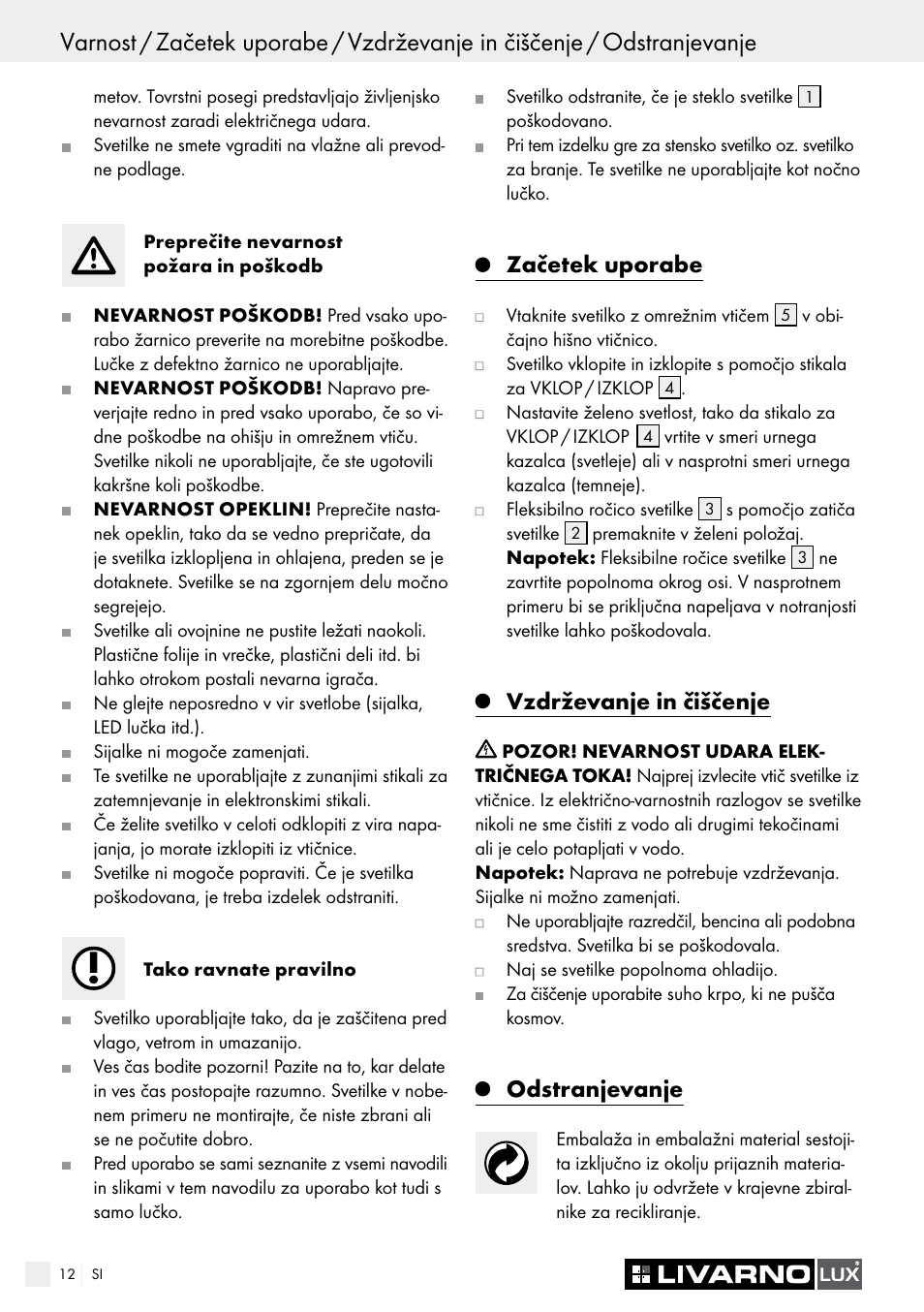 Odstranjevanje / garancija in servis, Začetek uporabe, Vzdrževanje in čiščenje | Odstranjevanje | Livarno LED PLUG-IN LIGHT User Manual | Page 12 / 25