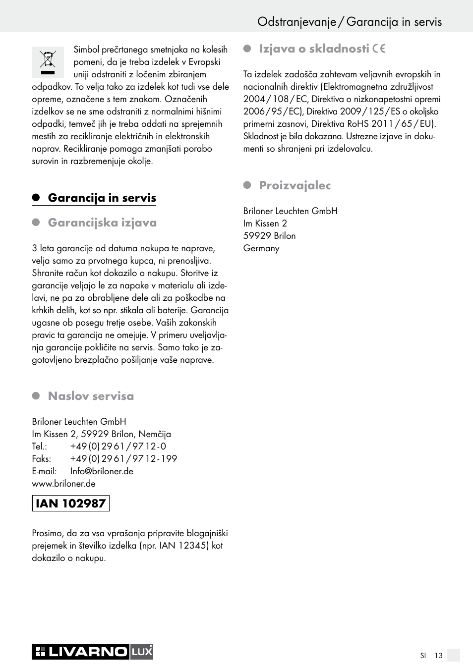 Odstranjevanje / garancija in servis, Garancija in servis garancijska izjava, Naslov servisa | Izjava o skladnosti, Proizvajalec | Livarno LED PLUG-IN LIGHT User Manual | Page 13 / 25