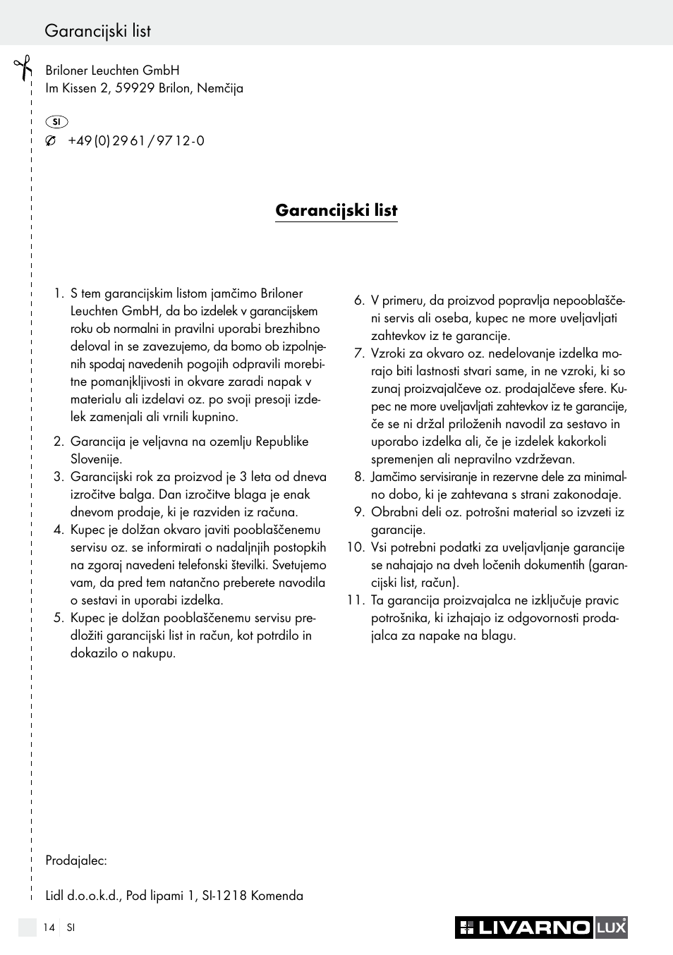 Garancijski list, Úvod / bezpečnost | Livarno LED PLUG-IN LIGHT User Manual | Page 14 / 25