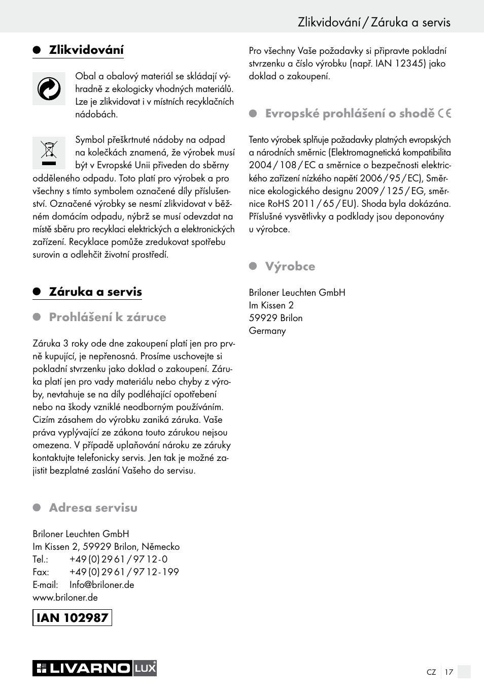 Bezpečnost / uvedení do provozu / údržba a čištění, Zlikvidování / záruka a servis | Livarno LED PLUG-IN LIGHT User Manual | Page 17 / 25