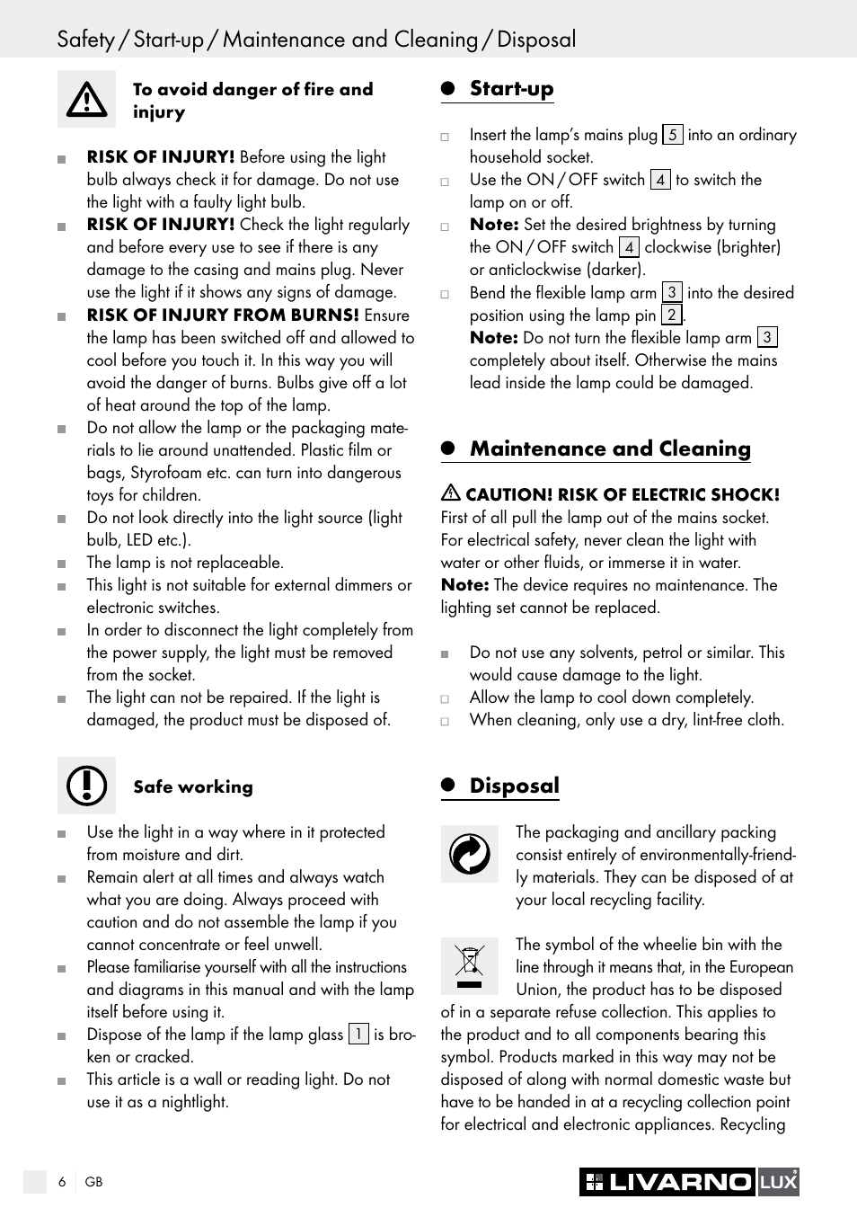 Start-up, Maintenance and cleaning, Disposal | Livarno LED PLUG-IN LIGHT User Manual | Page 6 / 25