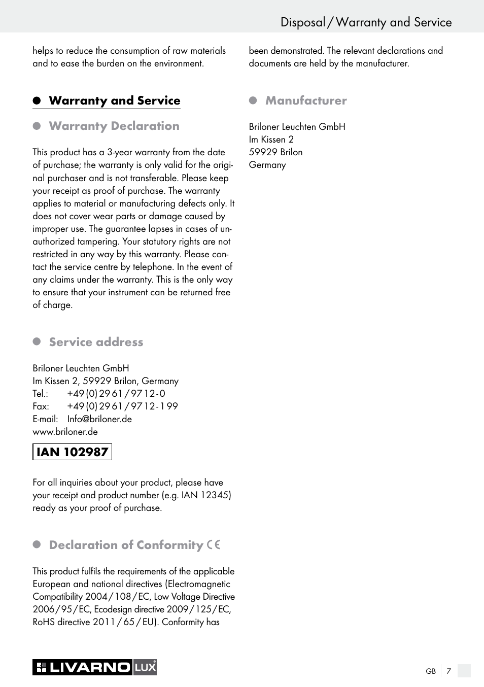 Disposal / warranty and service, Warranty and service warranty declaration, Service address | Declaration of conformity, Manufacturer | Livarno LED PLUG-IN LIGHT User Manual | Page 7 / 25