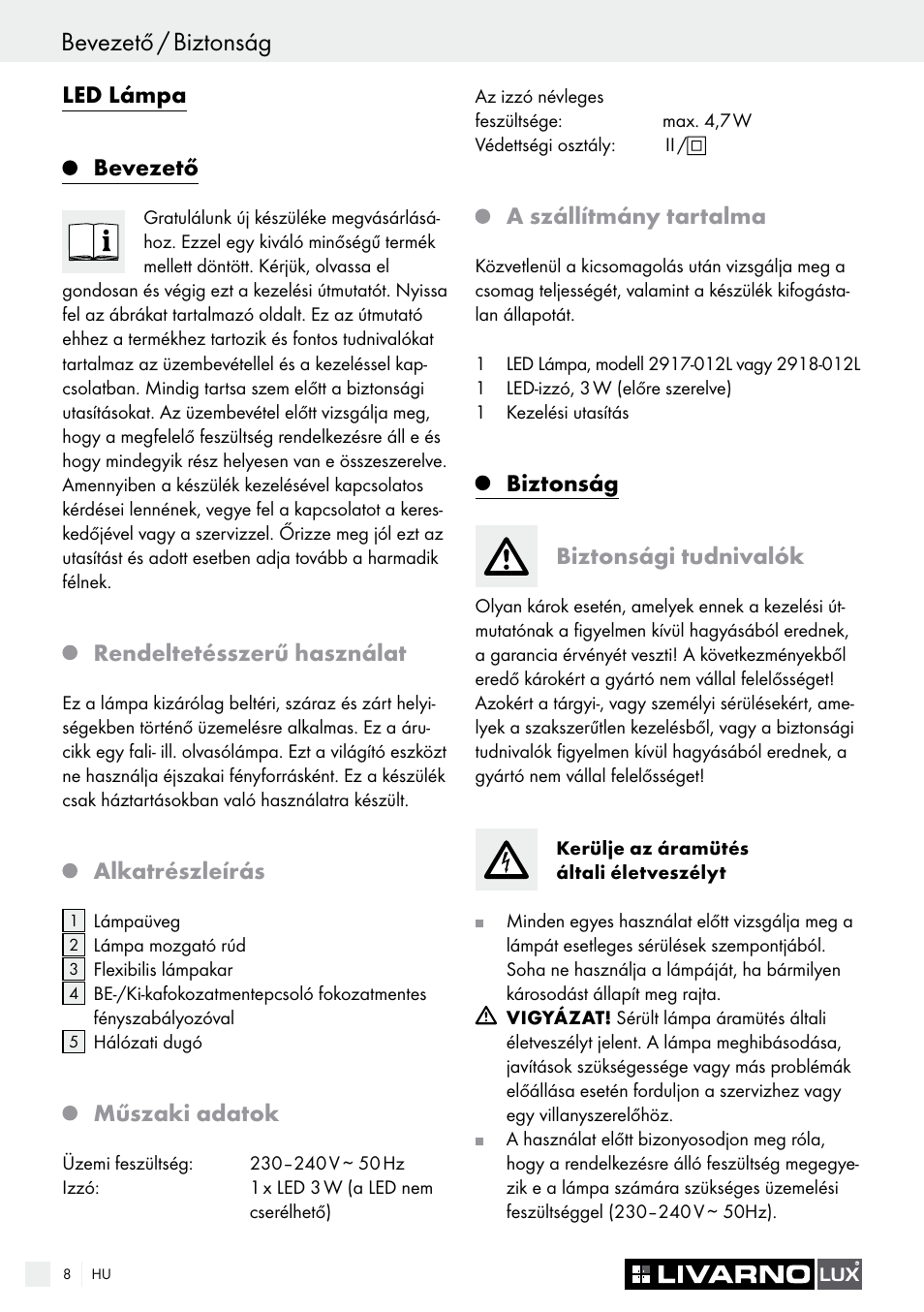 Led lámpa bevezető, Rendeltetésszerű használat, Alkatrészleírás | Műszaki adatok, A szállítmány tartalma, Biztonság biztonsági tudnivalók | Livarno LED PLUG-IN LIGHT User Manual | Page 8 / 25