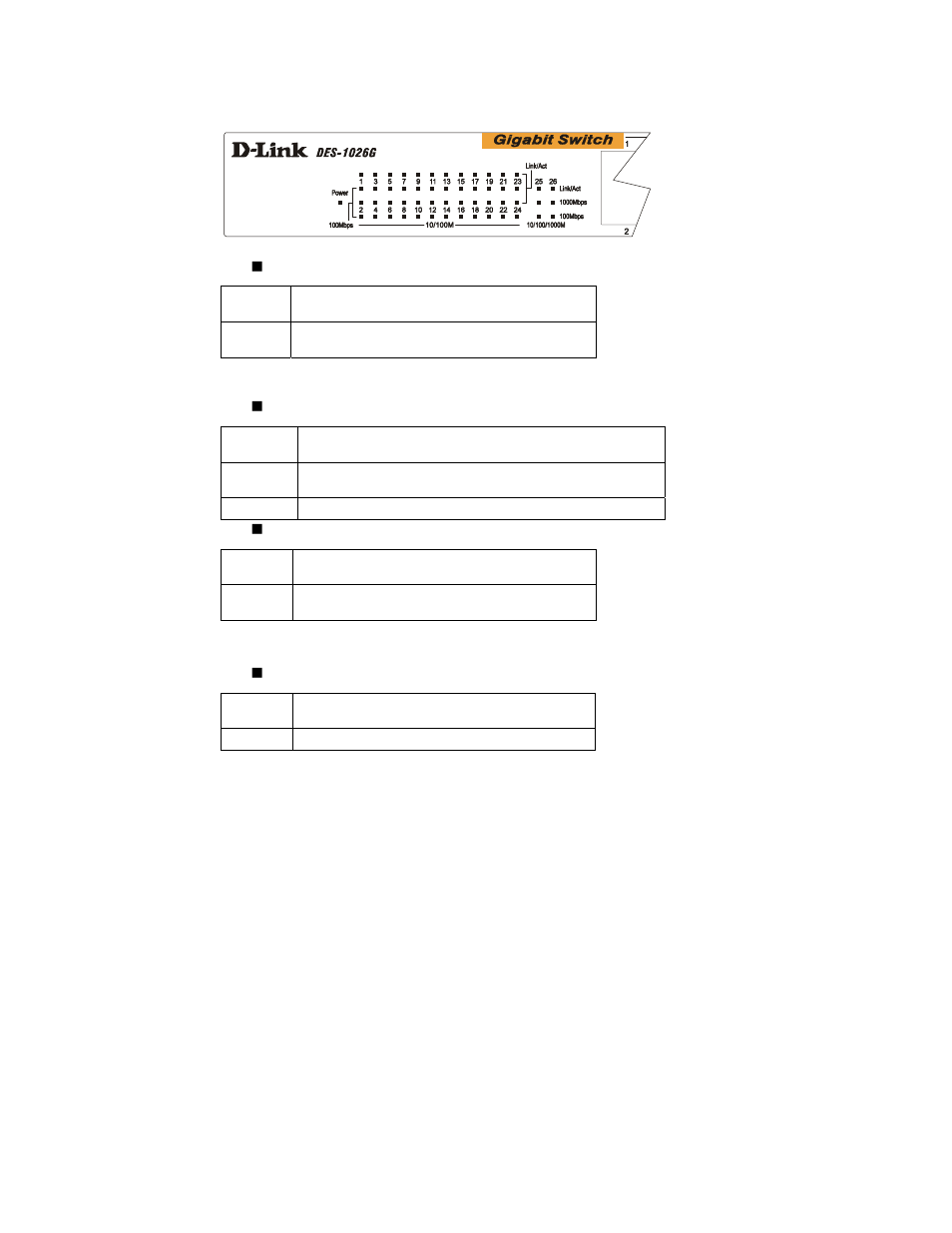 Leds, Ports 1-24 status leds, Ports 25 & 26 status leds | Power, Link/act, 100mbps | D-Link DES-1026G User Manual | Page 6 / 16