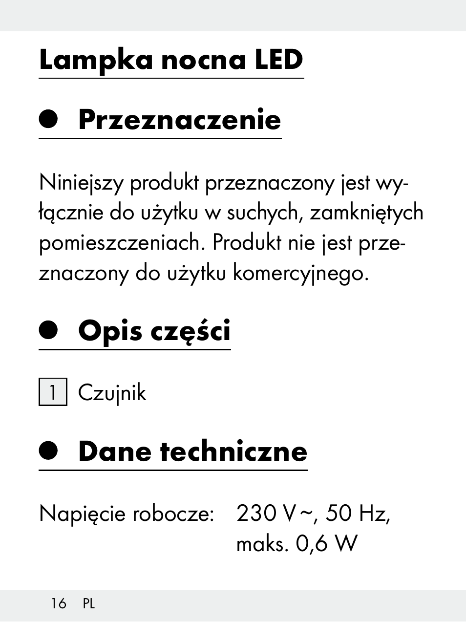 Lampka nocna led przeznaczenie, Opis części, Dane techniczne | Livarno Z31172..-BS User Manual | Page 16 / 85