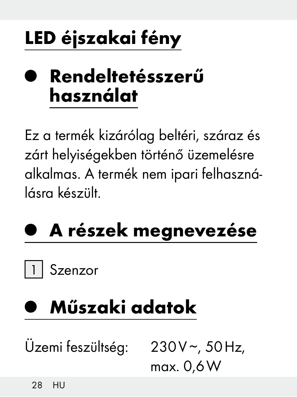 Led éjszakai fény rendeltetésszerű használat, A részek megnevezése, Műszaki adatok | Livarno Z31172..-BS User Manual | Page 28 / 85