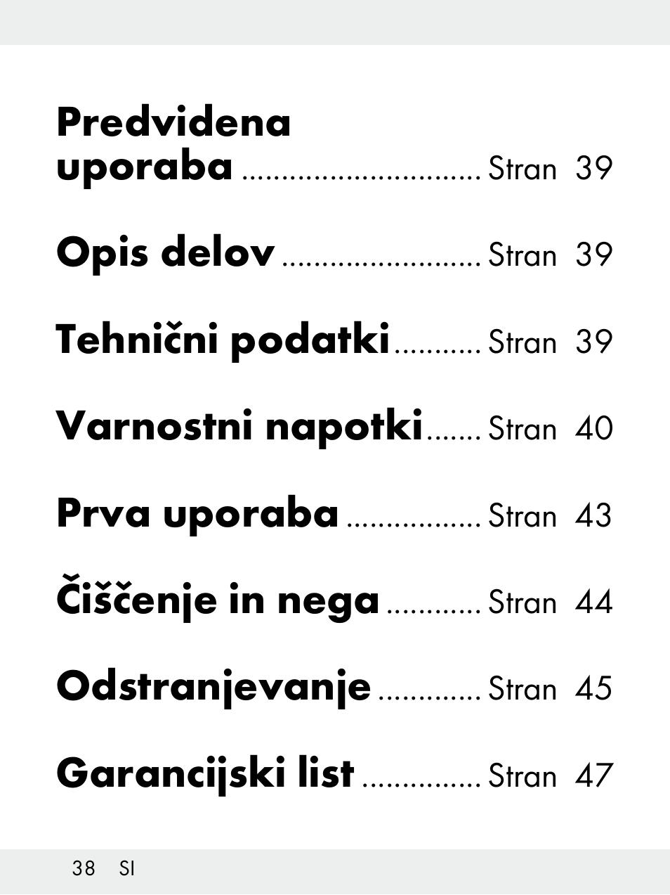 Predvidena uporaba, Opis delov, Tehnični podatki | Varnostni napotki, Prva uporaba, Čiščenje in nega, Odstranjevanje, Garancijski list | Livarno Z31172..-BS User Manual | Page 38 / 85