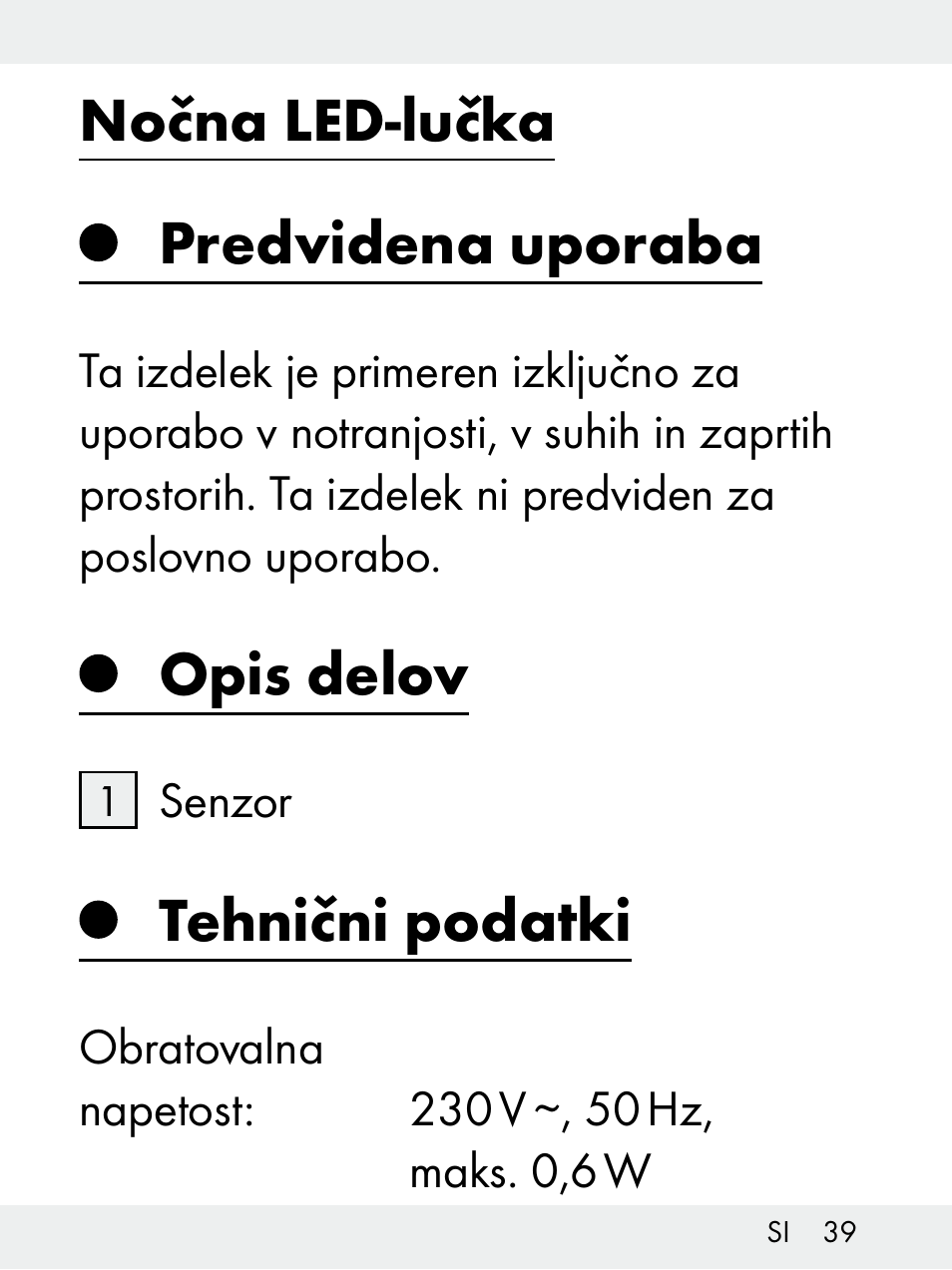 Nočna led-lučka predvidena uporaba, Opis delov, Tehnični podatki | Livarno Z31172..-BS User Manual | Page 39 / 85