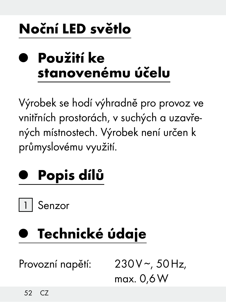 Noční led světlo použití ke stanovenému účelu, Popis dílů, Technické údaje | Livarno Z31172..-BS User Manual | Page 52 / 85