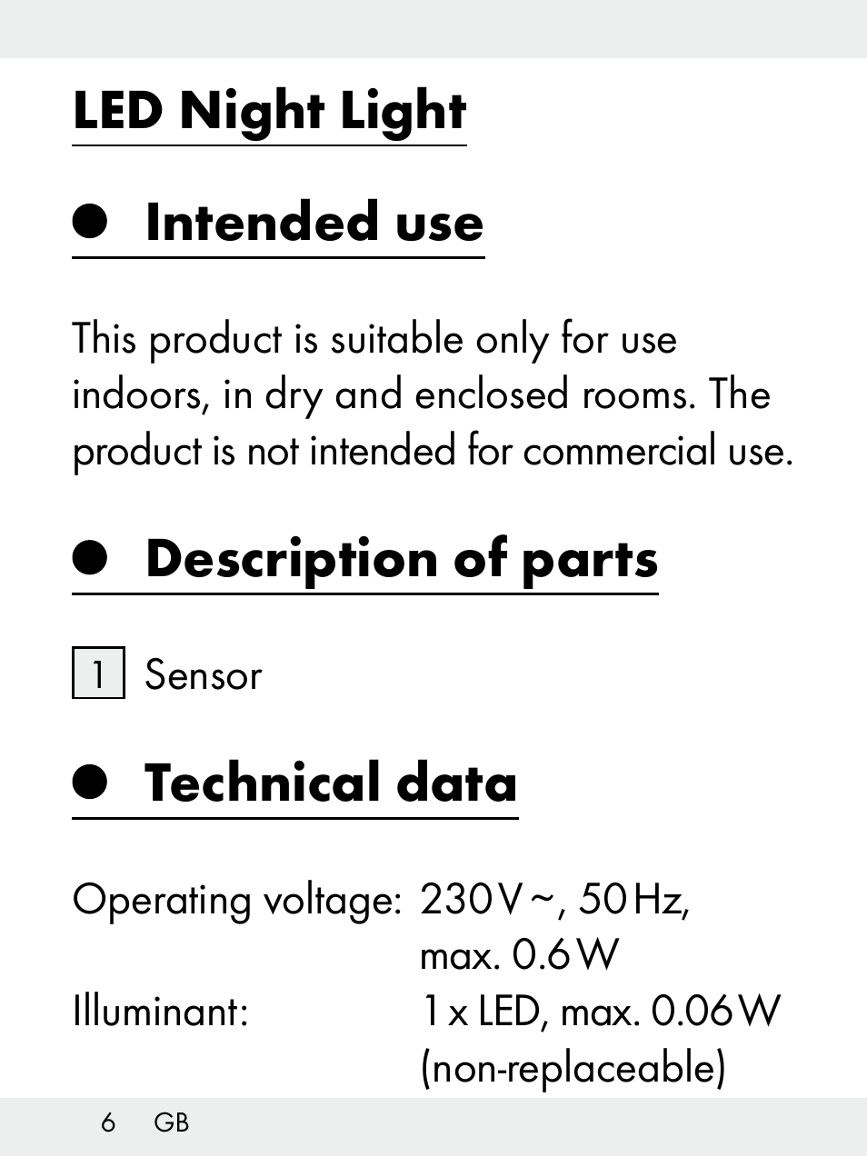 Led night light, Intended use, Description of parts | Technical data | Livarno Z31172..-BS User Manual | Page 6 / 85