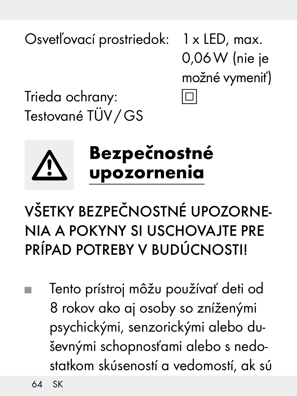 Bezpečnostné upozornenia | Livarno Z31172..-BS User Manual | Page 64 / 85