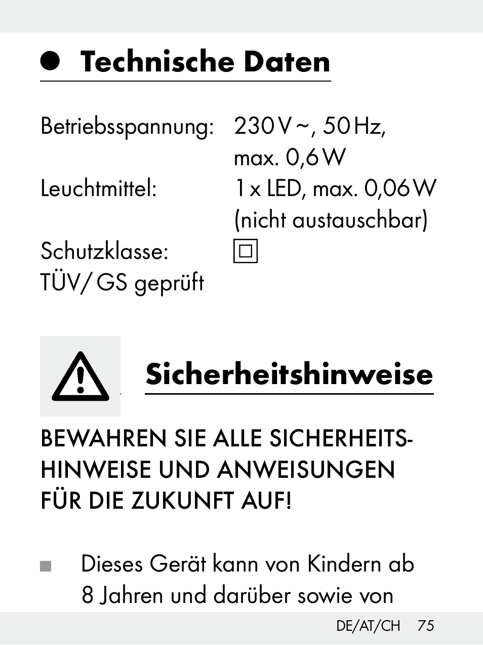 Technische daten, Sicherheitshinweise | Livarno Z31172..-BS User Manual | Page 75 / 85