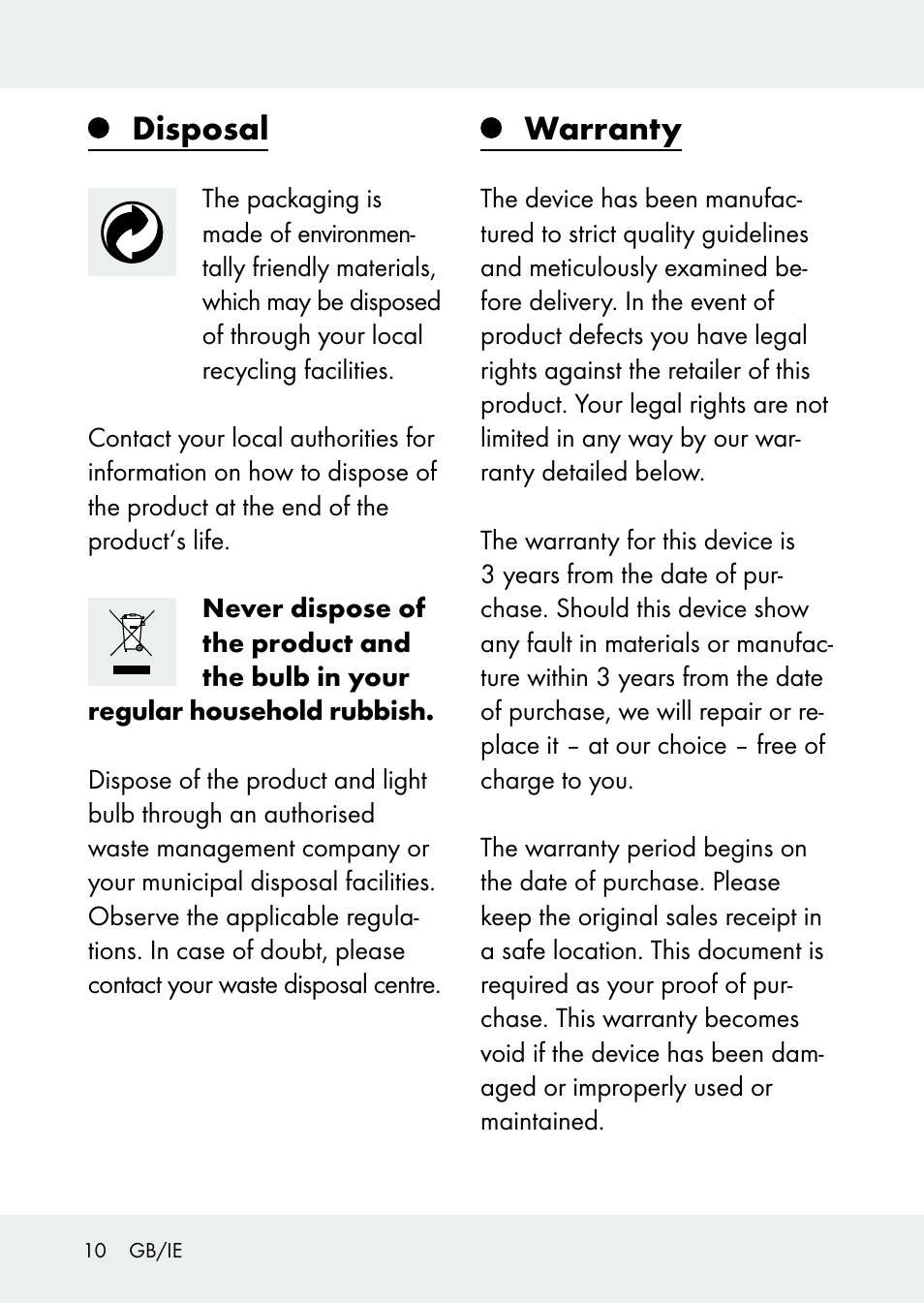 Disposal, Warranty | Livarno 104000-14-01-BS User Manual | Page 10 / 12