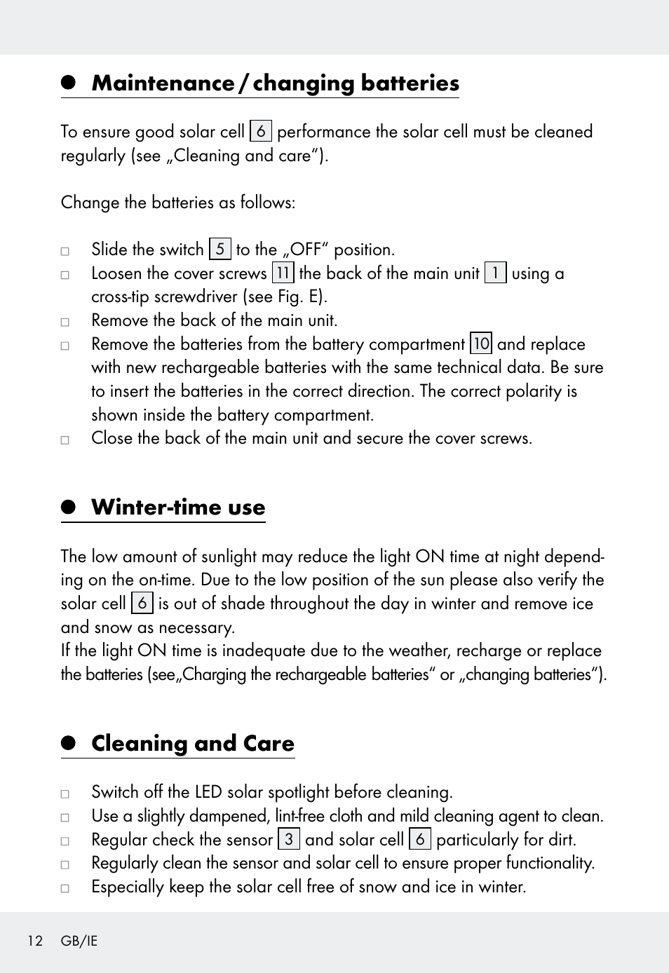 Maintenance / changing batteries, Winter-time use, Cleaning and care | Livarno Z31999 User Manual | Page 12 / 84