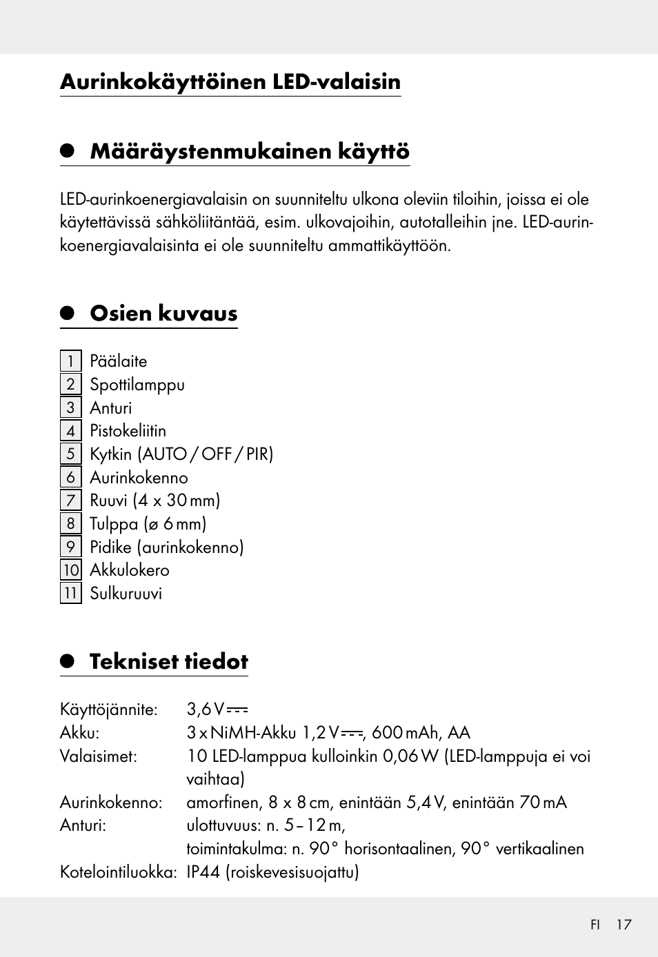 Osien kuvaus, Tekniset tiedot | Livarno Z31999 User Manual | Page 17 / 84