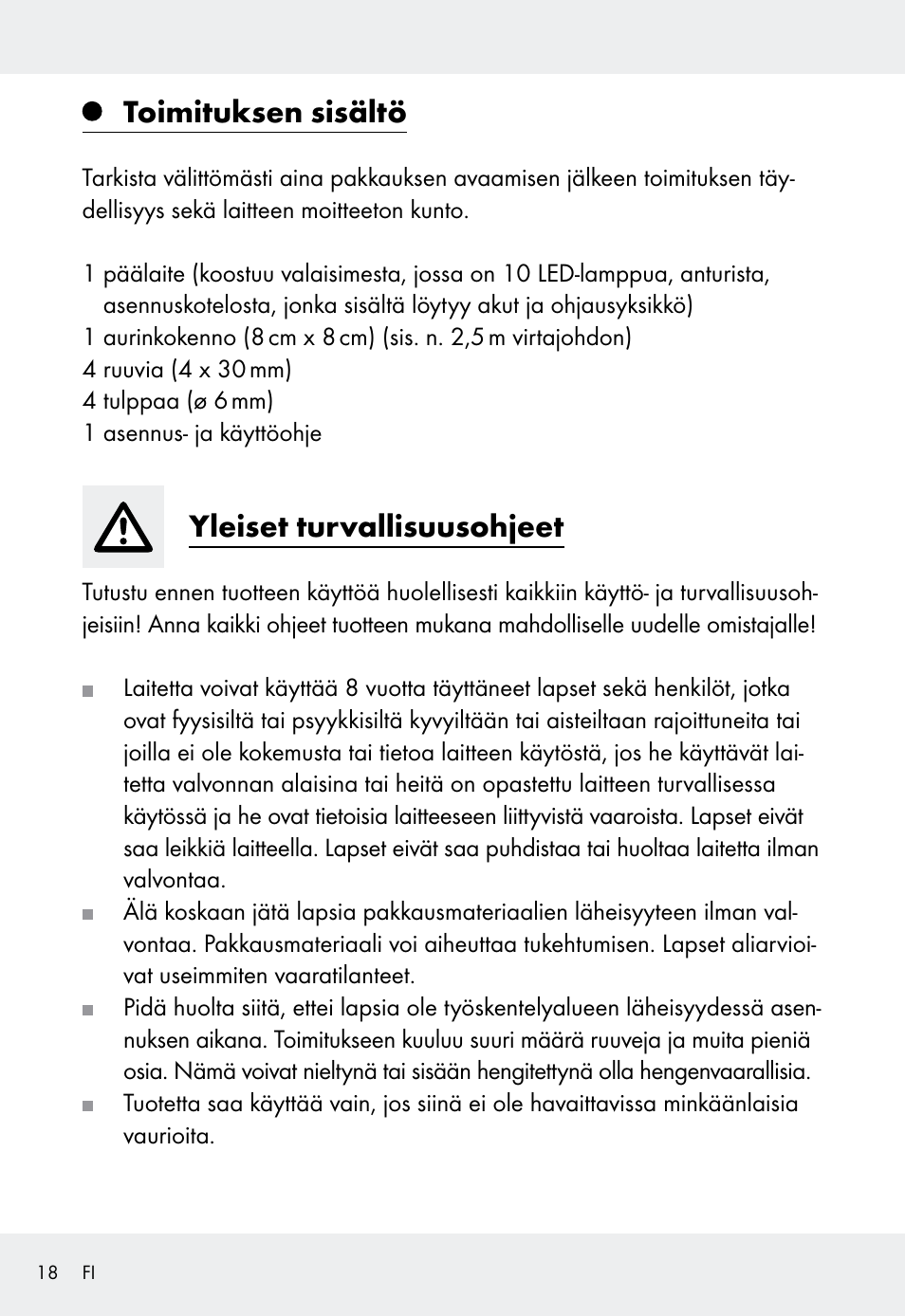 Toimituksen sisältö, Yleiset turvallisuusohjeet | Livarno Z31999 User Manual | Page 18 / 84