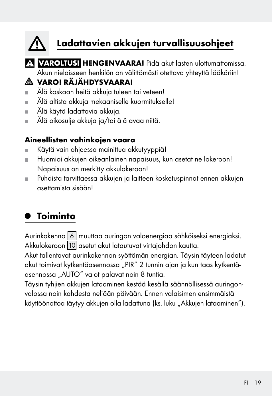 Ladattavien akkujen turvallisuusohjeet, Toiminto | Livarno Z31999 User Manual | Page 19 / 84