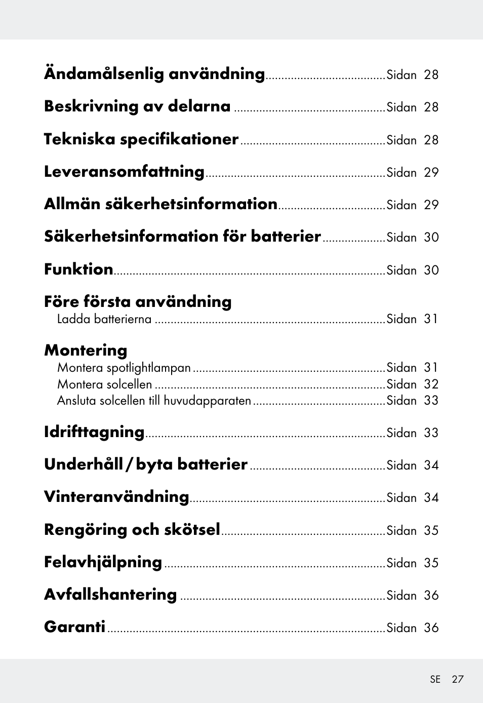 Ändamålsenlig användning, Beskrivning av delarna, Tekniska specifikationer | Leveransomfattning, Allmän säkerhetsinformation, Säkerhetsinformation för batterier, Funktion, Före första användning, Montering, Idrifttagning | Livarno Z31999 User Manual | Page 27 / 84