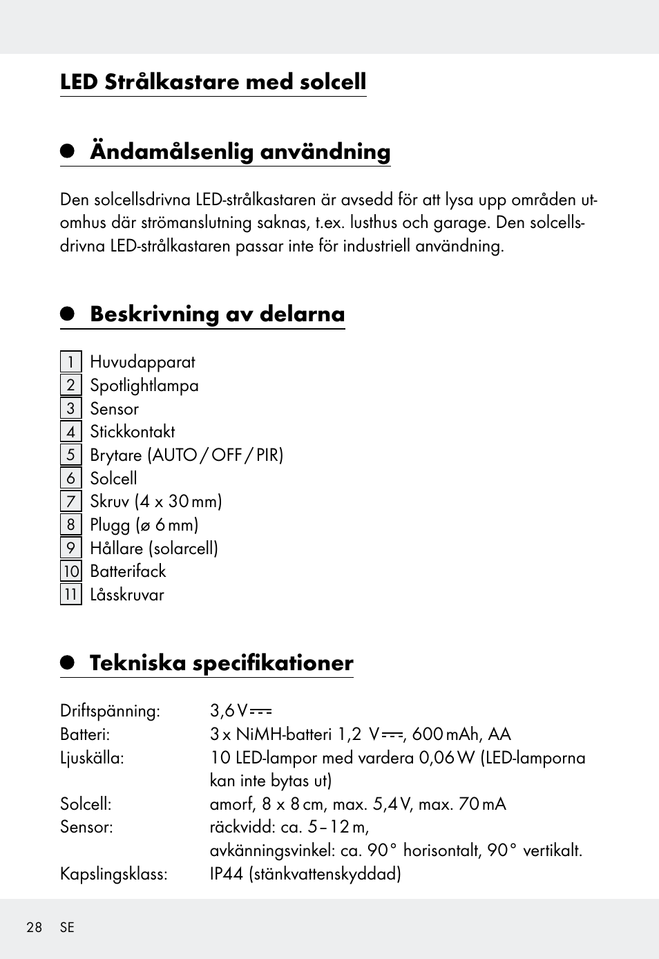 Beskrivning av delarna, Tekniska specifikationer | Livarno Z31999 User Manual | Page 28 / 84