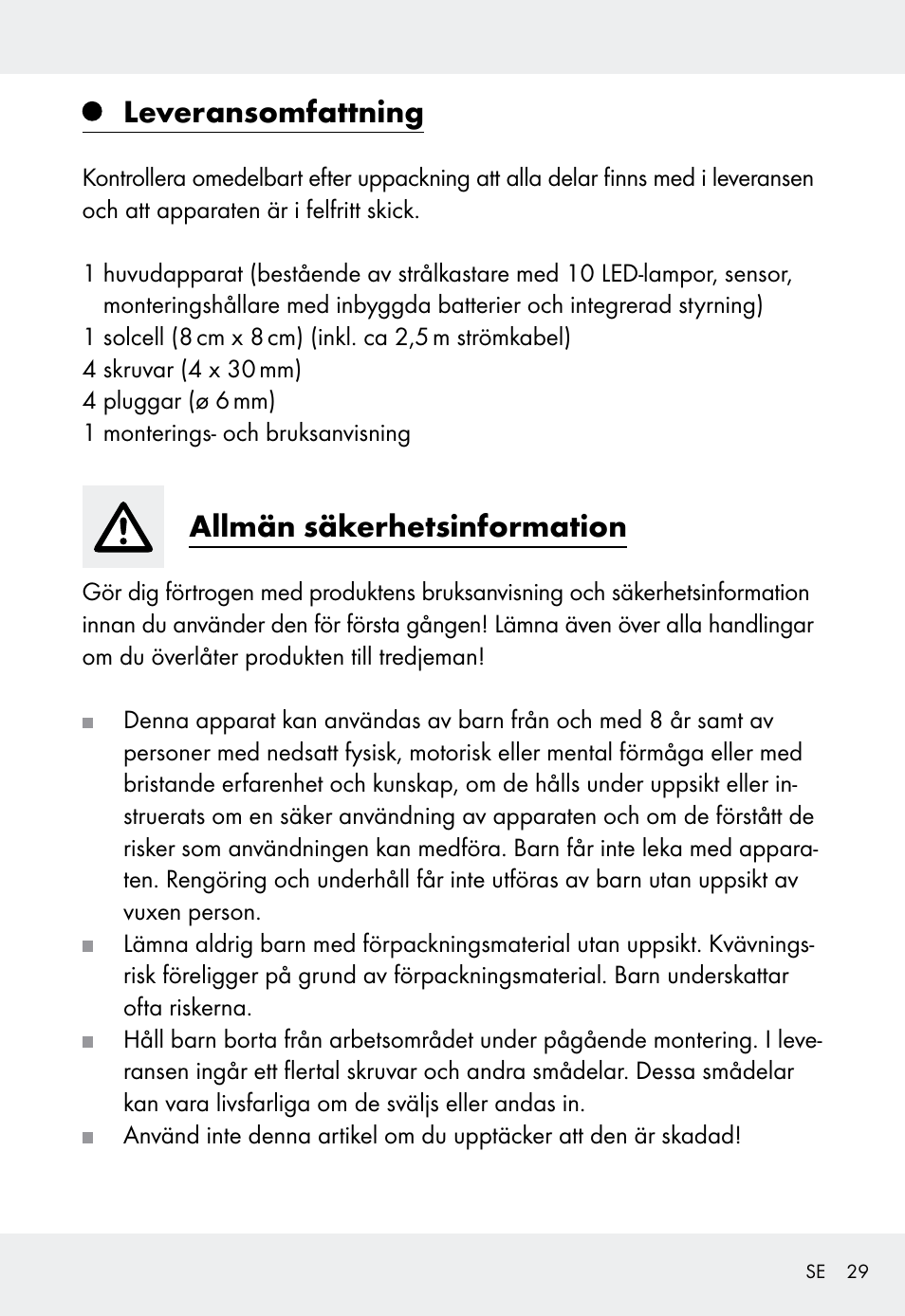 Leveransomfattning, Allmän säkerhetsinformation | Livarno Z31999 User Manual | Page 29 / 84