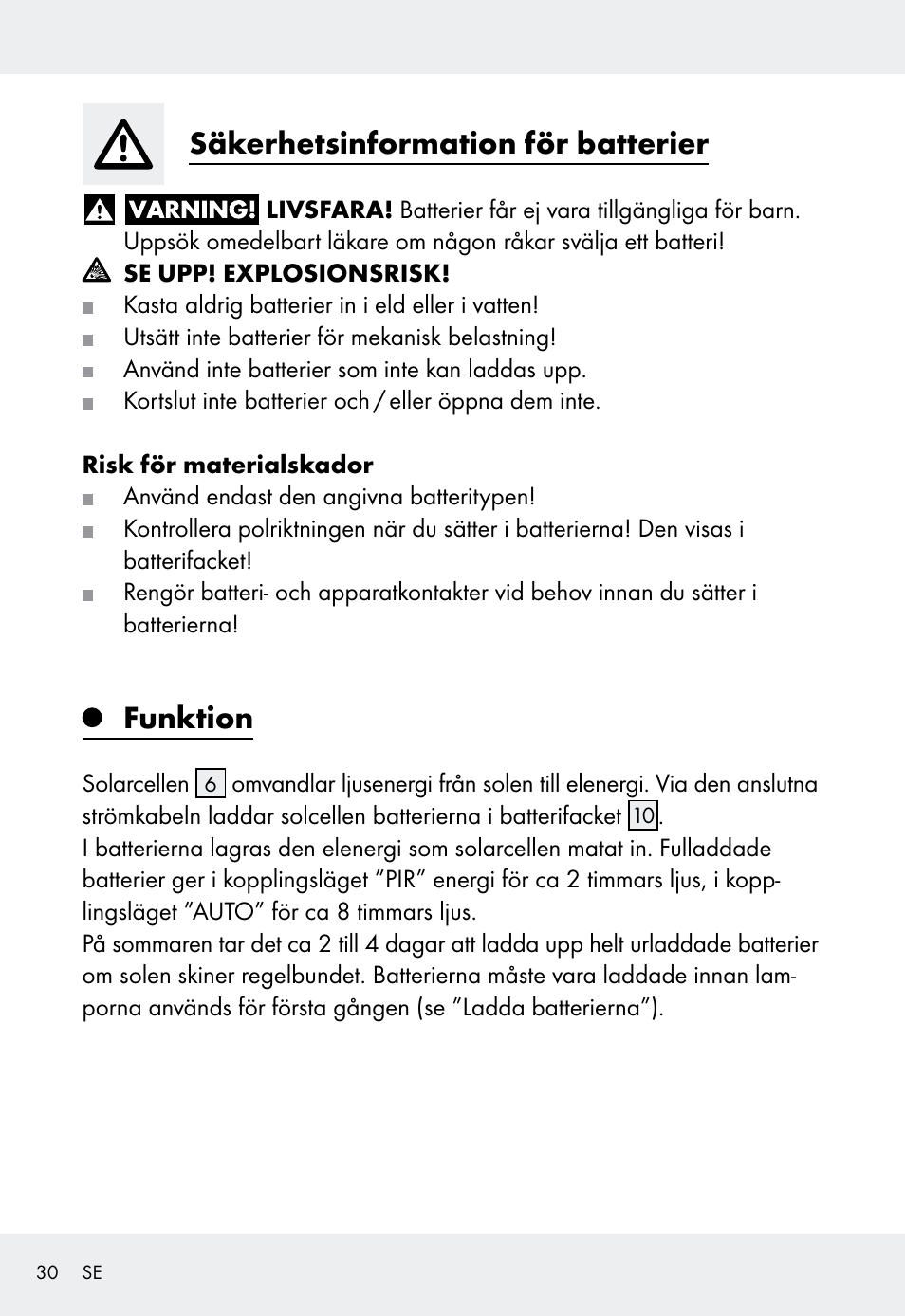 Säkerhetsinformation för batterier, Funktion | Livarno Z31999 User Manual | Page 30 / 84