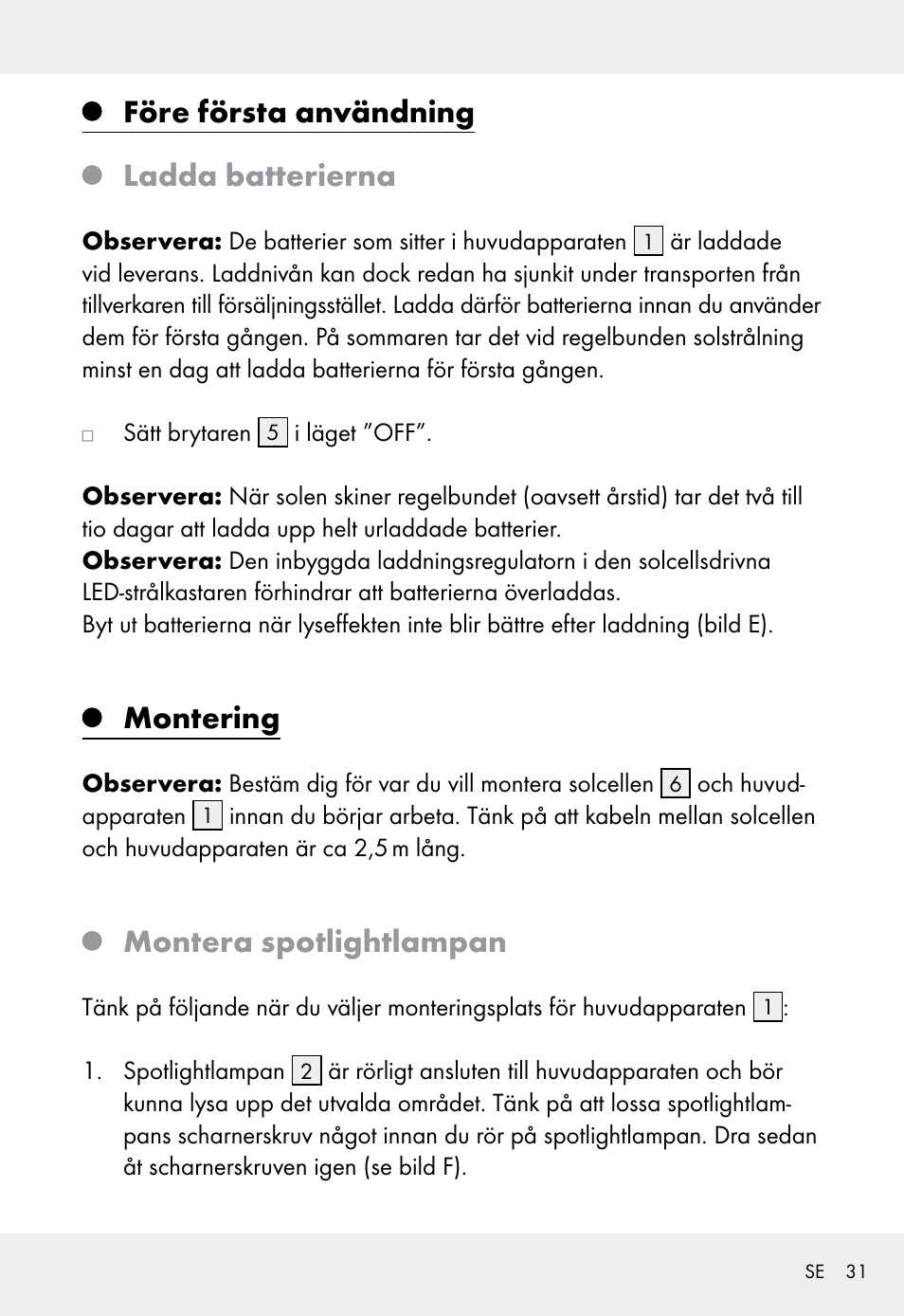 Före första användning ladda batterierna, Montering, Montera spotlightlampan | Livarno Z31999 User Manual | Page 31 / 84