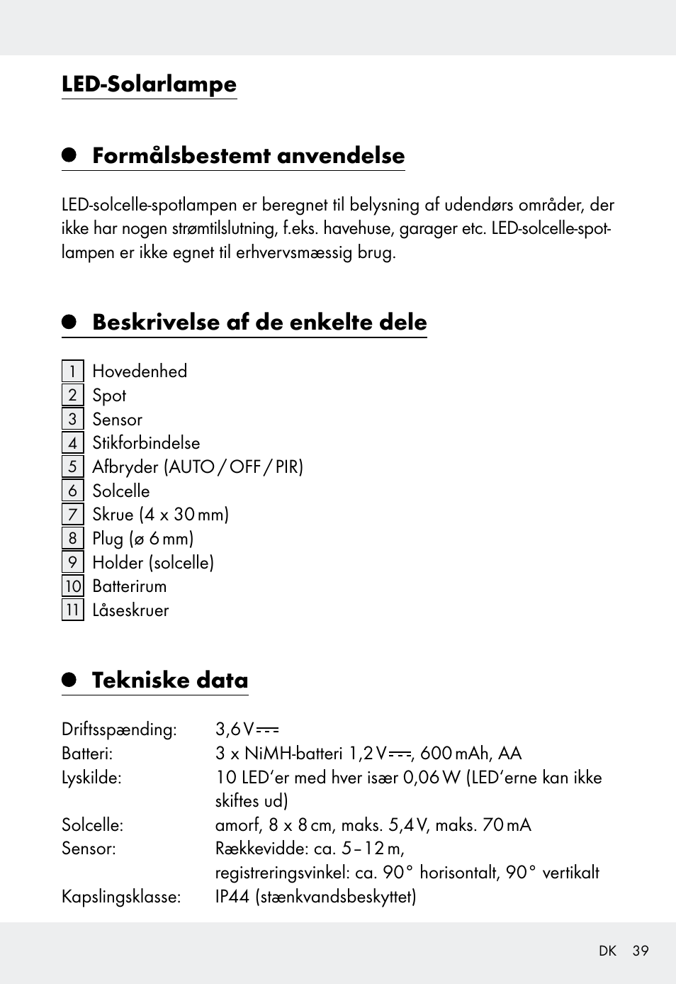 Led-solarlampe formålsbestemt anvendelse, Beskrivelse af de enkelte dele, Tekniske data | Livarno Z31999 User Manual | Page 39 / 84