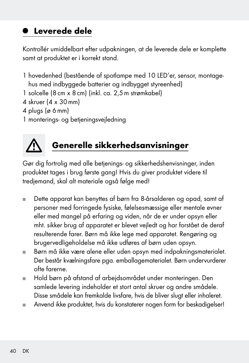 Leverede dele, Generelle sikkerhedsanvisninger | Livarno Z31999 User Manual | Page 40 / 84