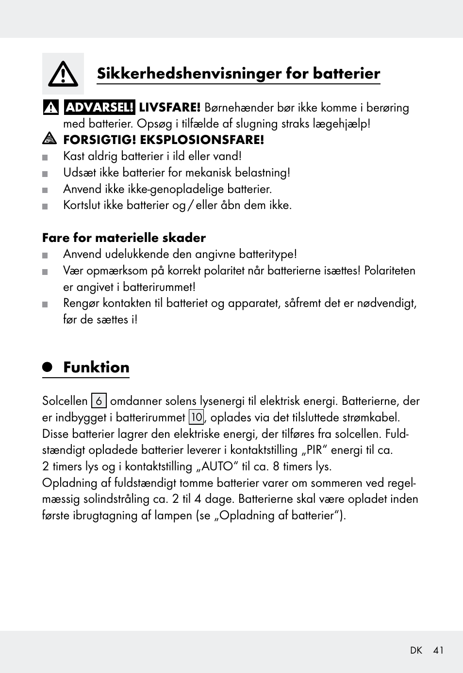 Sikkerhedshenvisninger for batterier, Funktion | Livarno Z31999 User Manual | Page 41 / 84