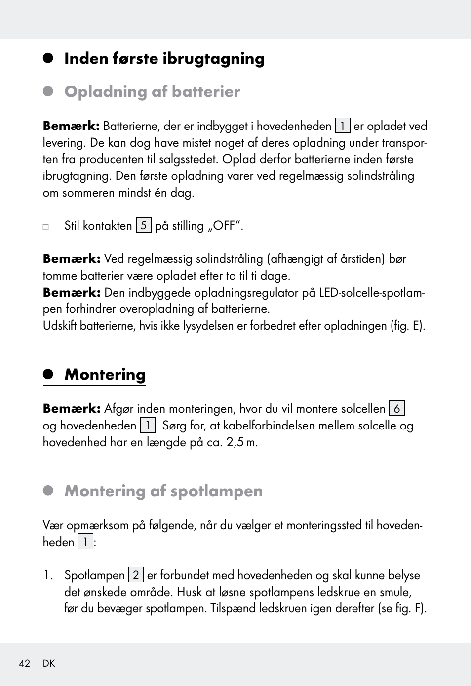 Inden første ibrugtagning opladning af batterier, Montering, Montering af spotlampen | Livarno Z31999 User Manual | Page 42 / 84