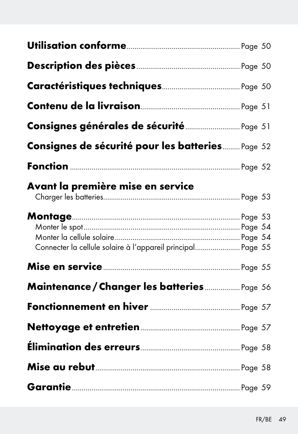 Utilisation conforme, Description des pièces, Caractéristiques techniques | Contenu de la livraison, Consignes générales de sécurité, Consignes de sécurité pour les batteries, Fonction, Avant la première mise en service, Montage, Mise en service | Livarno Z31999 User Manual | Page 49 / 84