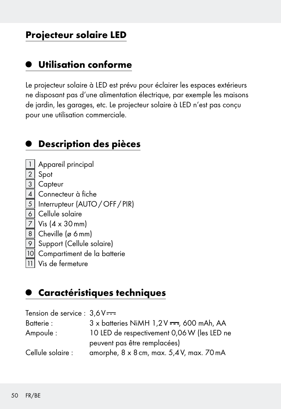 Projecteur solaire led utilisation conforme, Description des pièces, Caractéristiques techniques | Livarno Z31999 User Manual | Page 50 / 84