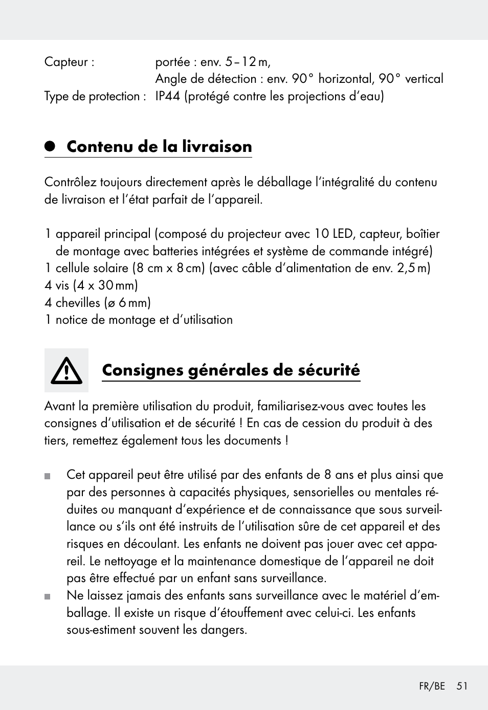 Contenu de la livraison, Consignes générales de sécurité | Livarno Z31999 User Manual | Page 51 / 84