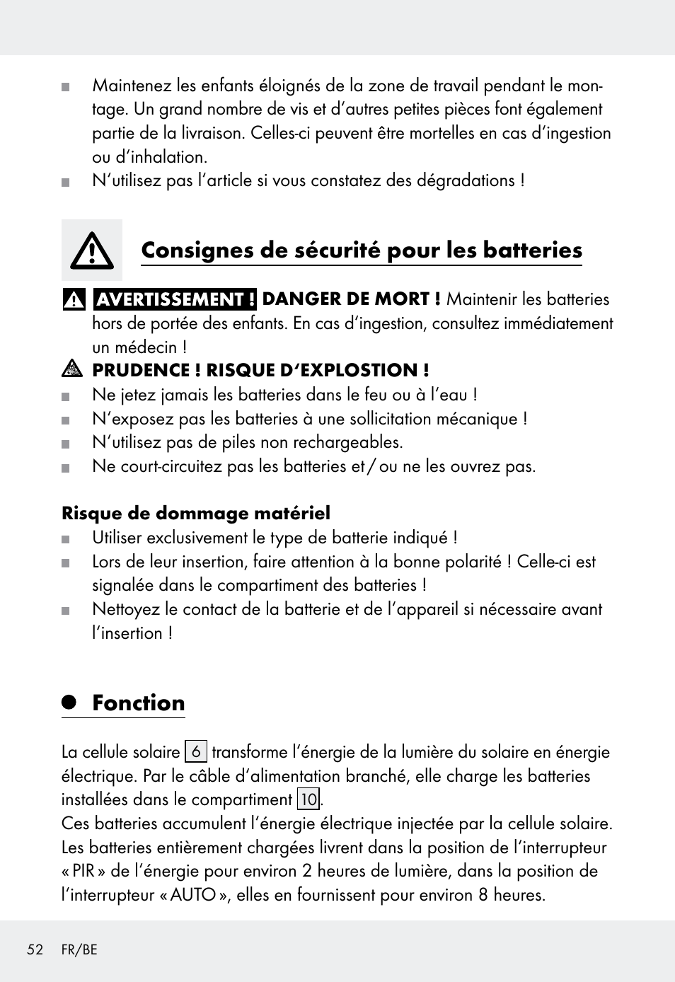 Consignes de sécurité pour les batteries, Fonction | Livarno Z31999 User Manual | Page 52 / 84