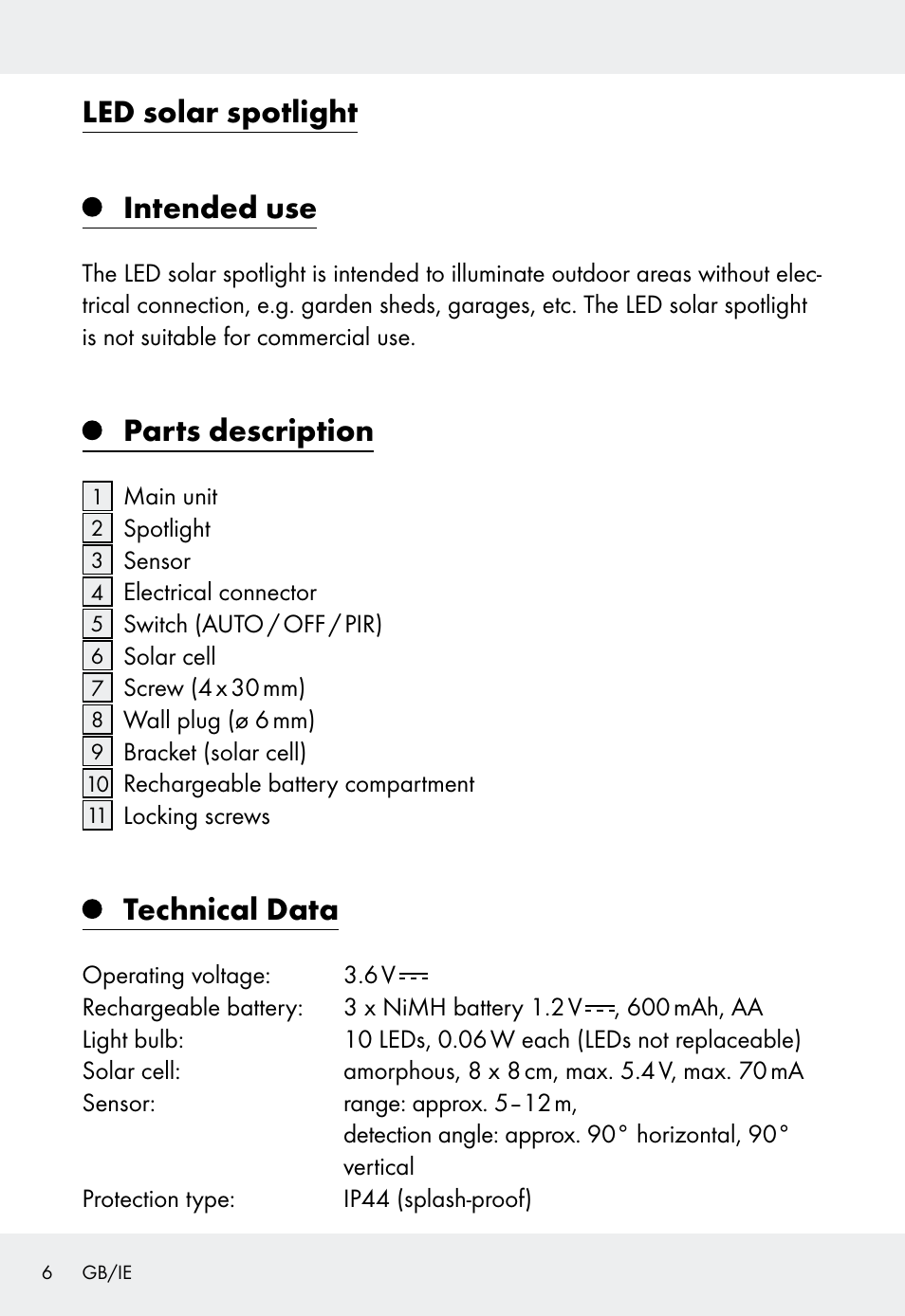 Led solar spotlight intended use, Parts description, Technical data | Livarno Z31999 User Manual | Page 6 / 84