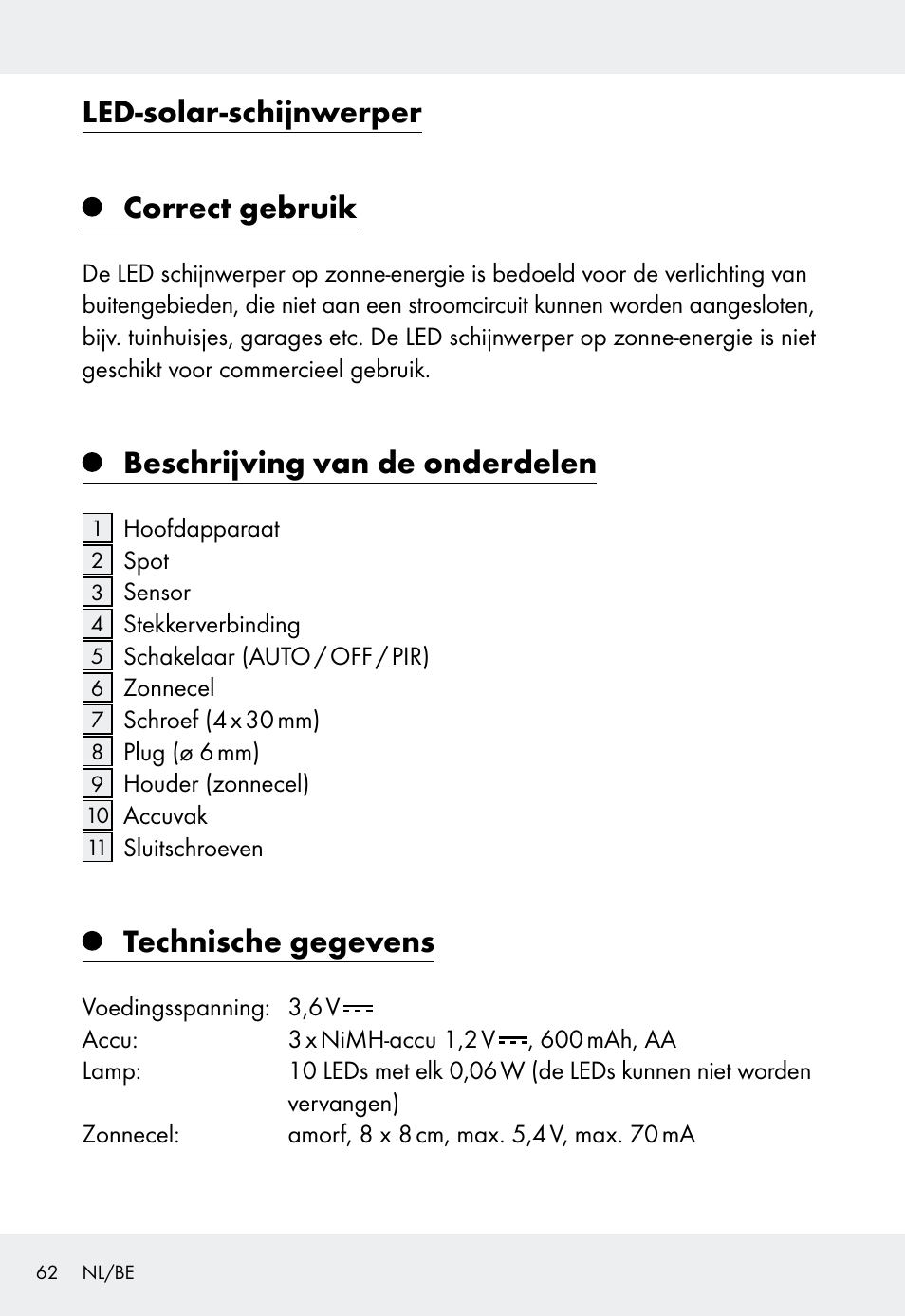 Led-solar-schijnwerper correct gebruik, Beschrijving van de onderdelen, Technische gegevens | Livarno Z31999 User Manual | Page 62 / 84