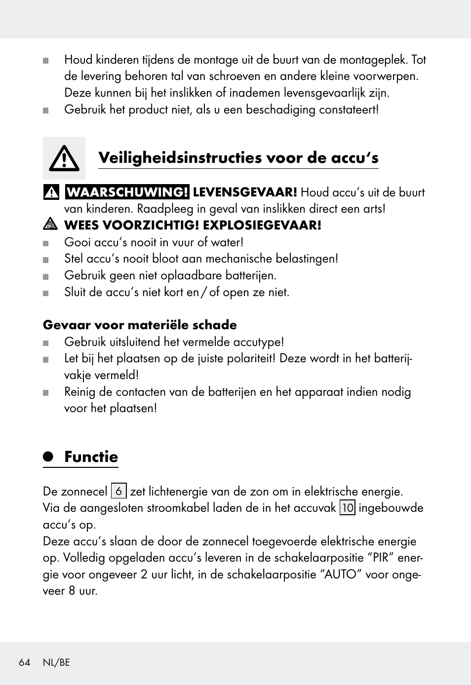 Veiligheidsinstructies voor de accu‘s, Functie | Livarno Z31999 User Manual | Page 64 / 84