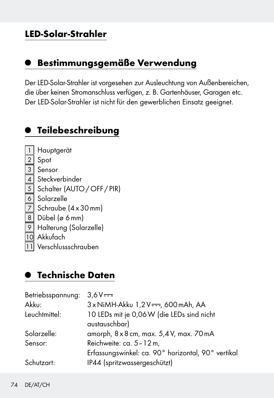 Led-solar-strahler bestimmungsgemäße verwendung, Teilebeschreibung, Technische daten | Livarno Z31999 User Manual | Page 74 / 84