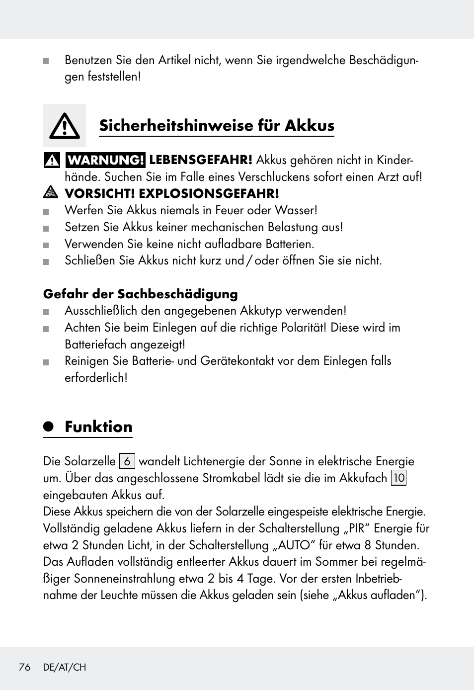 Sicherheitshinweise für akkus, Funktion | Livarno Z31999 User Manual | Page 76 / 84