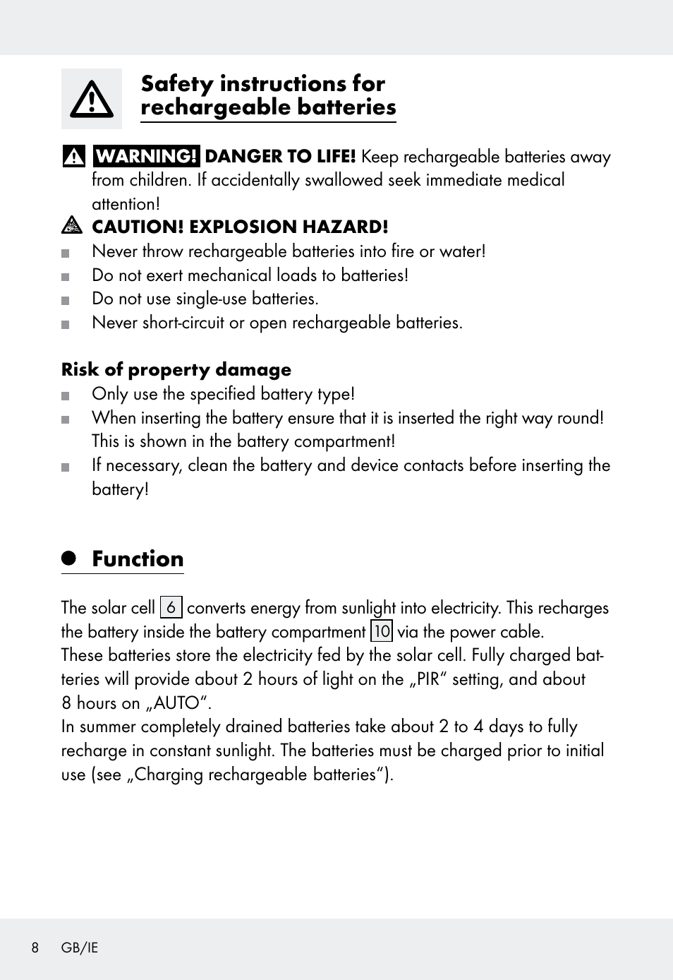 Safety instructions for rechargeable batteries, Function | Livarno Z31999 User Manual | Page 8 / 84