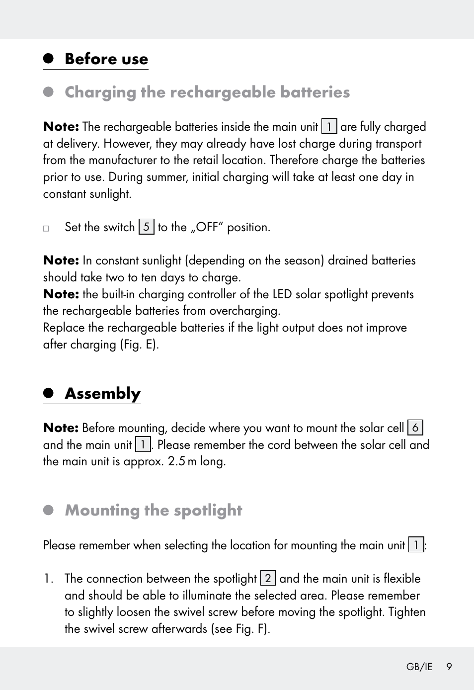 Before use charging the rechargeable batteries, Assembly, Mounting the spotlight | Livarno Z31999 User Manual | Page 9 / 84