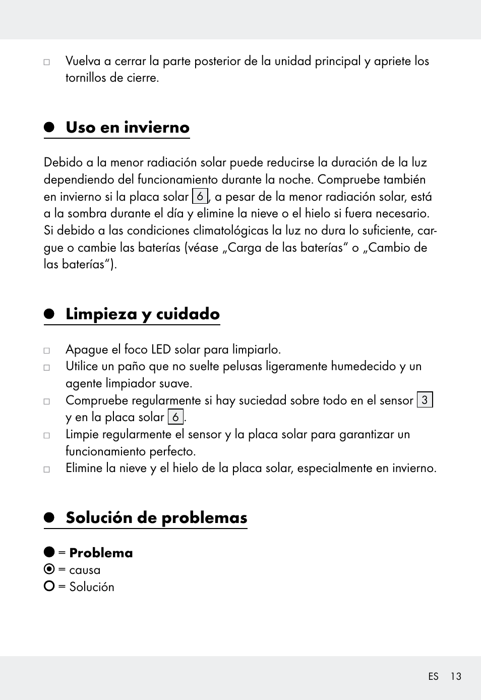 Uso en invierno, Limpieza y cuidado, Solución de problemas | Livarno Z31999 User Manual | Page 13 / 63