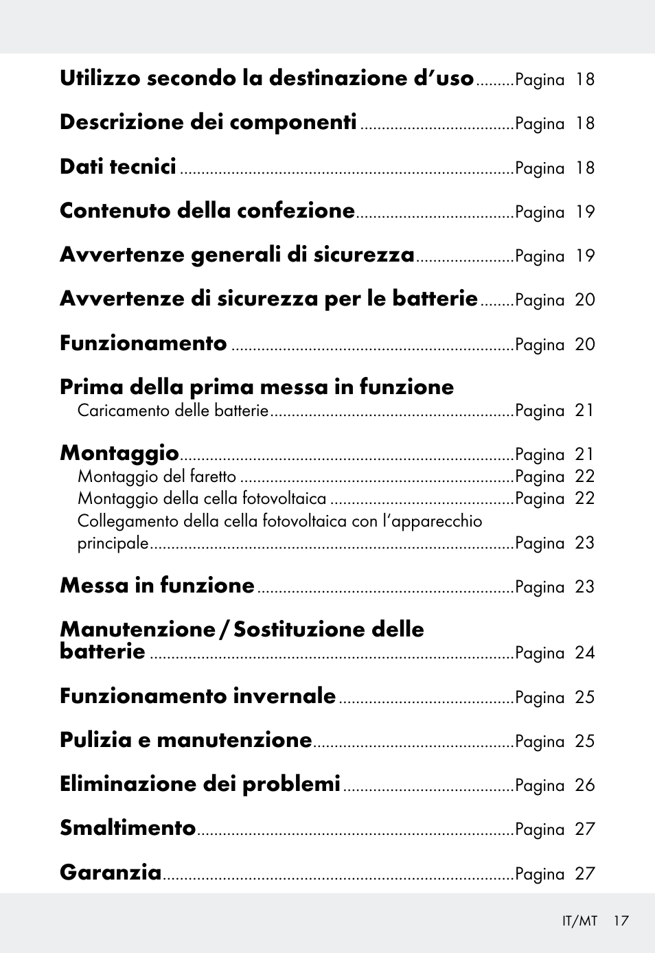 Utilizzo secondo la destinazione d’uso, Descrizione dei componenti, Dati tecnici | Contenuto della confezione, Avvertenze generali di sicurezza, Avvertenze di sicurezza per le batterie, Funzionamento, Prima della prima messa in funzione, Montaggio, Messa in funzione | Livarno Z31999 User Manual | Page 17 / 63