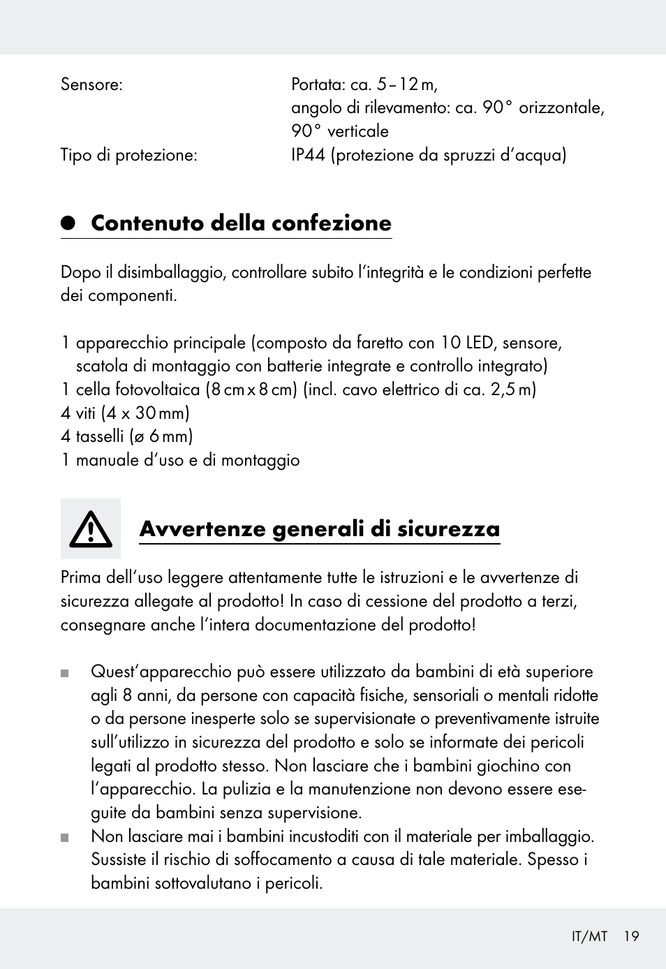 Contenuto della confezione, Avvertenze generali di sicurezza | Livarno Z31999 User Manual | Page 19 / 63