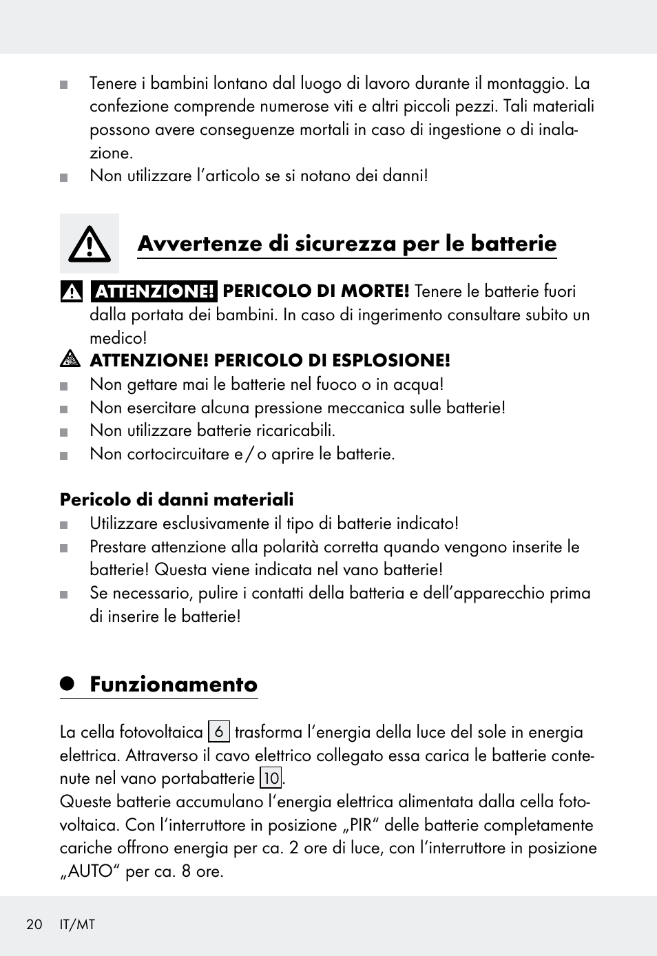 Avvertenze di sicurezza per le batterie, Funzionamento | Livarno Z31999 User Manual | Page 20 / 63