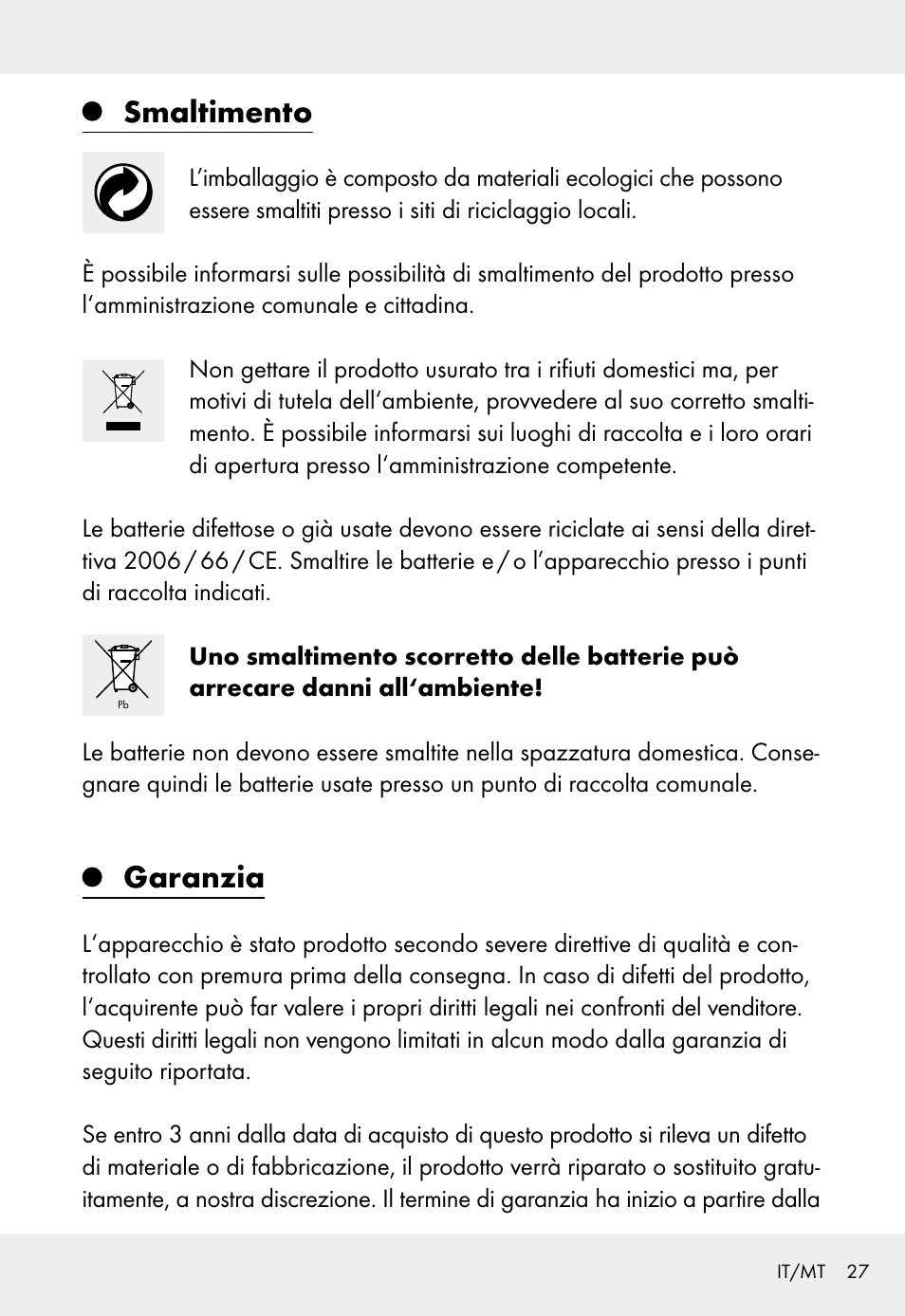 Smaltimento, Garanzia | Livarno Z31999 User Manual | Page 27 / 63