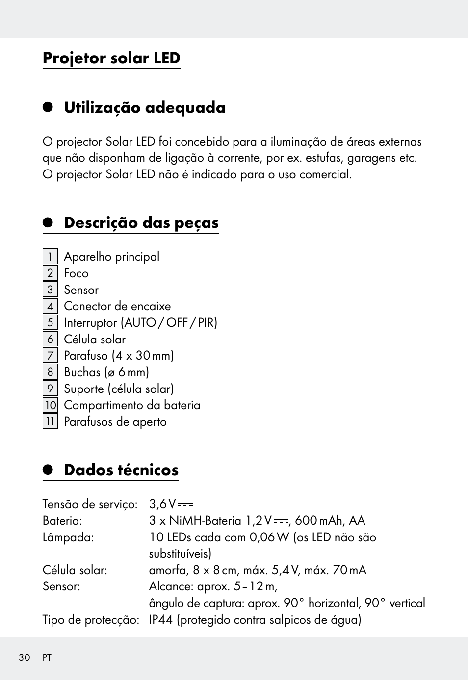 Projetor solar led utilização adequada, Descrição das peças, Dados técnicos | Livarno Z31999 User Manual | Page 30 / 63